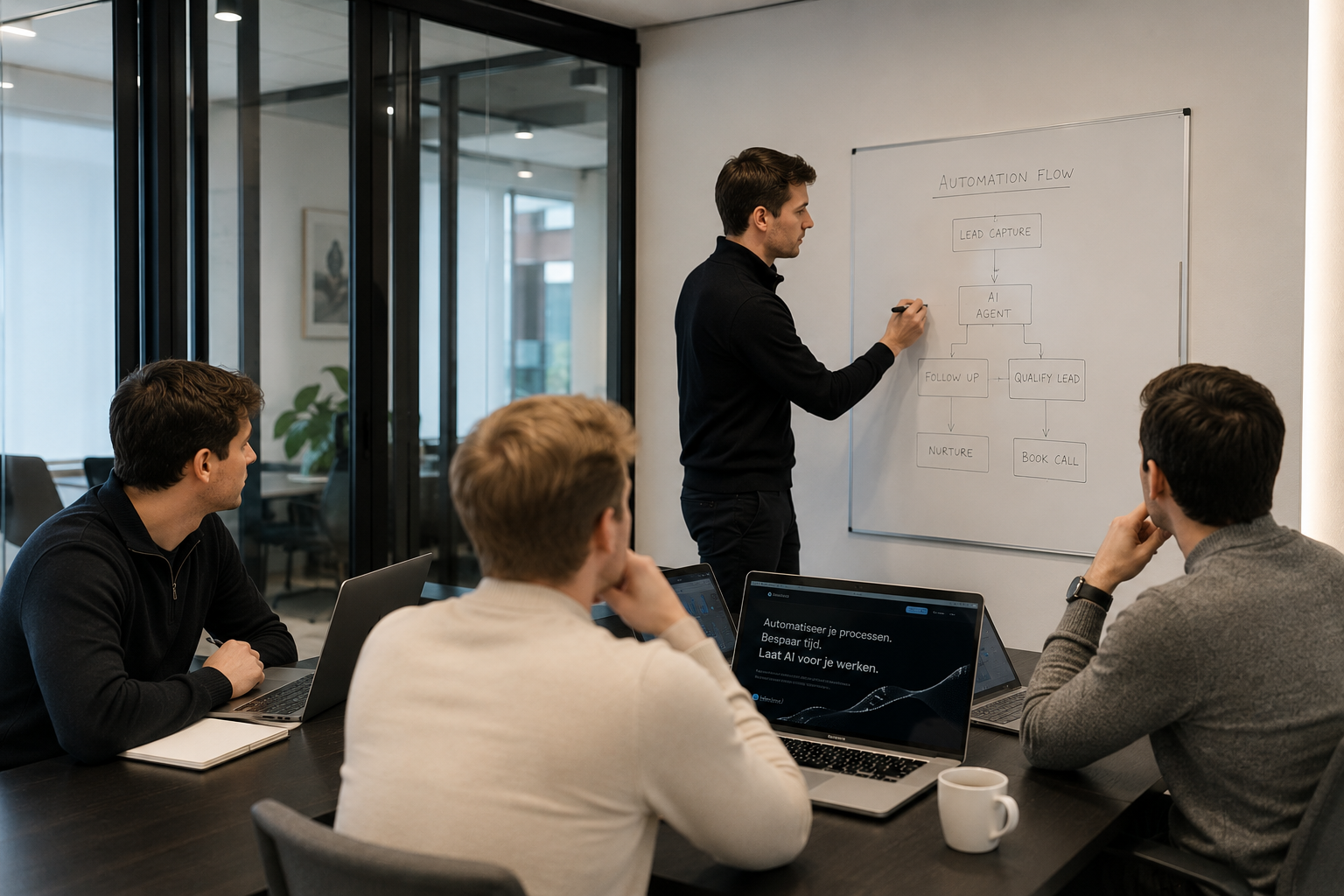 Maisters AI Automation Agency kantoor met automation dashboard